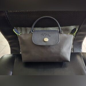 Longchamp Mini Top-Handle Bag in Charcoal with Lime Trim